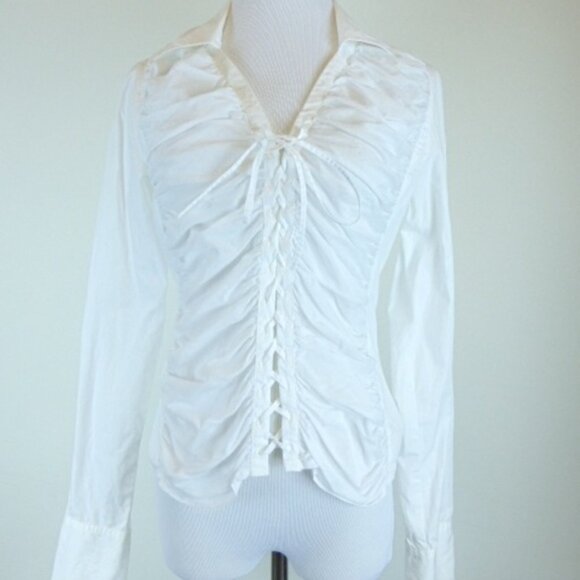 ANNE FONTAINE France COTTON LACE UP TIE SHIRT 2 M ruched long sleeve - Picture 3 of 6